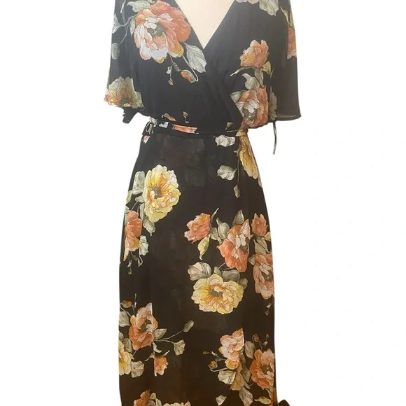 Luxology Black Floral Wrap Maxi Dress with Peach & Yellow Blooms - Picture 3 of 6